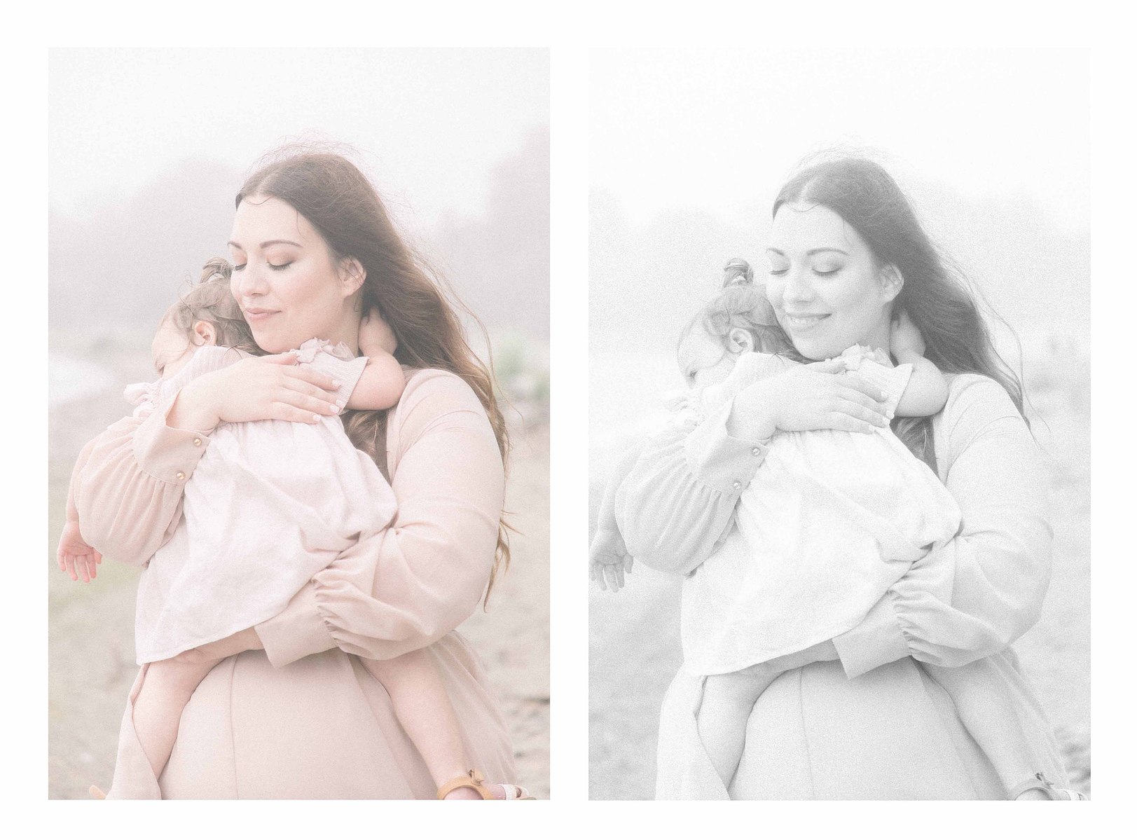 Collage of a colour portrait and black and white portrait of a mother holding her little girl, Niagara Portrait Photographer, Niagara Family Photographer, Niagara Motherhood Photography, Beach Portrait Photography, Emily VanderBeek Photography.