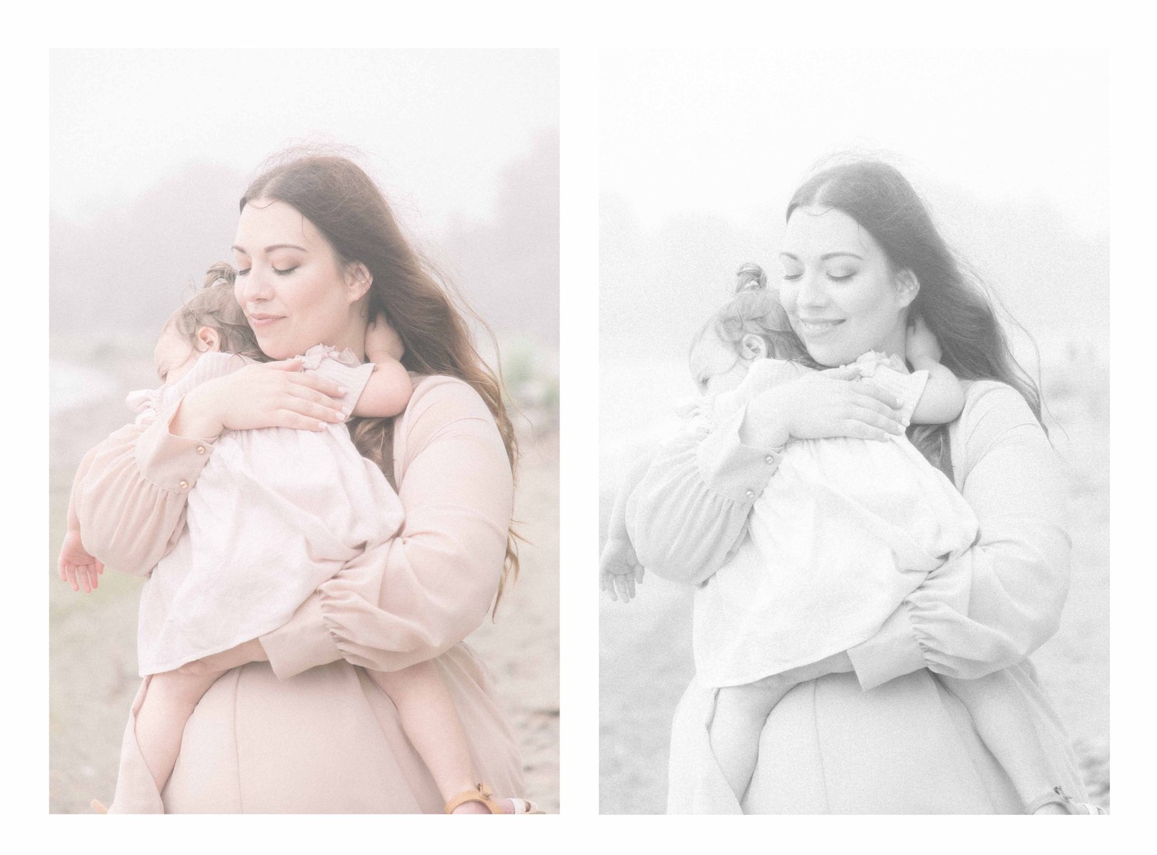 Collage of a colour portrait and black and white portrait of a mother holding her little girl, Niagara Portrait Photographer, Niagara Family Photographer, Niagara Motherhood Photography, Beach Portrait Photography, Emily VanderBeek Photography.