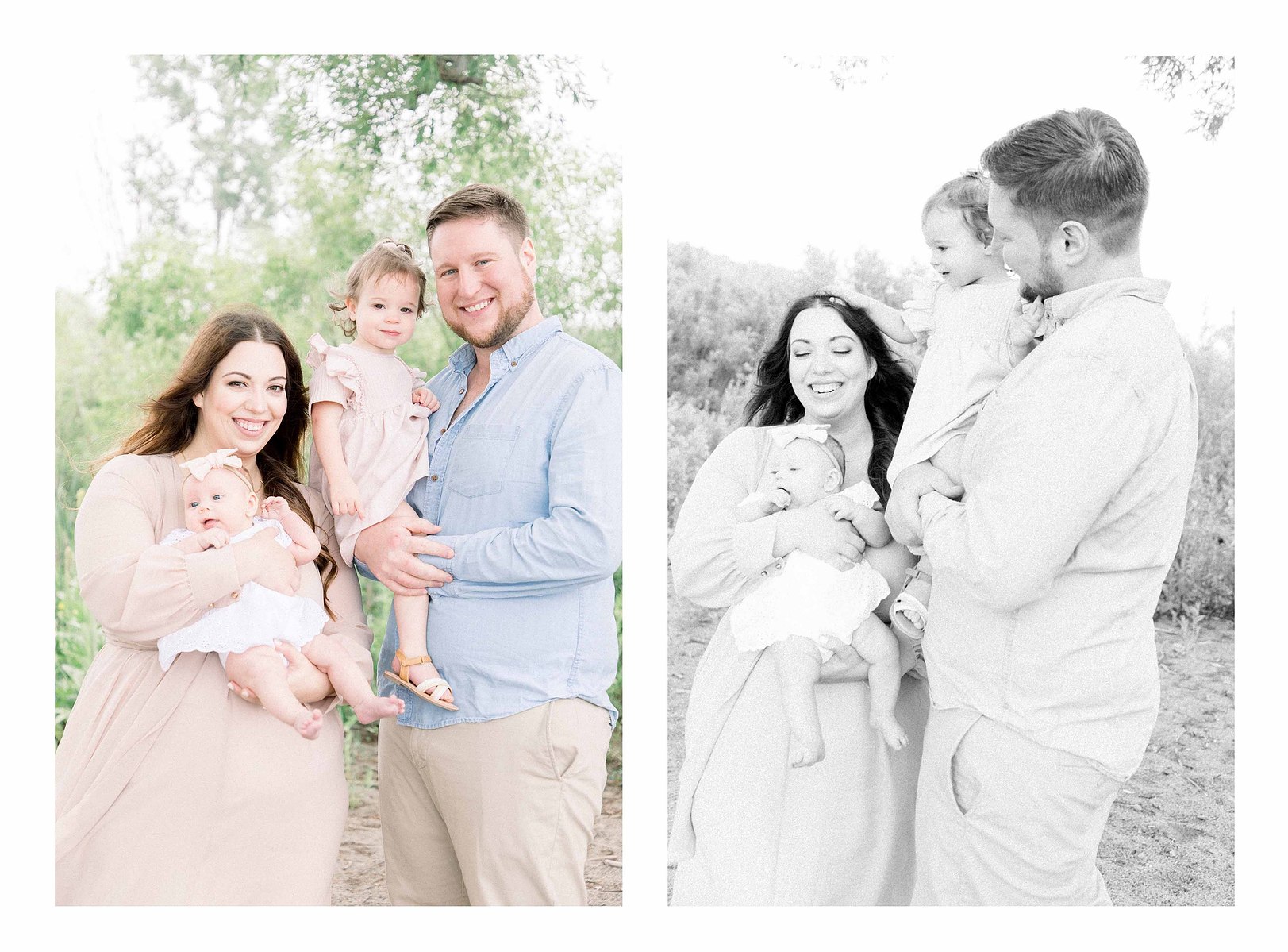 Collage of a colour portrait and black and white portrait of a family of four on the beach, Niagara Portrait Photographer, Niagara Family Photographer, Niagara Motherhood Photography, Beach Portrait Photography, Emily VanderBeek Photography.