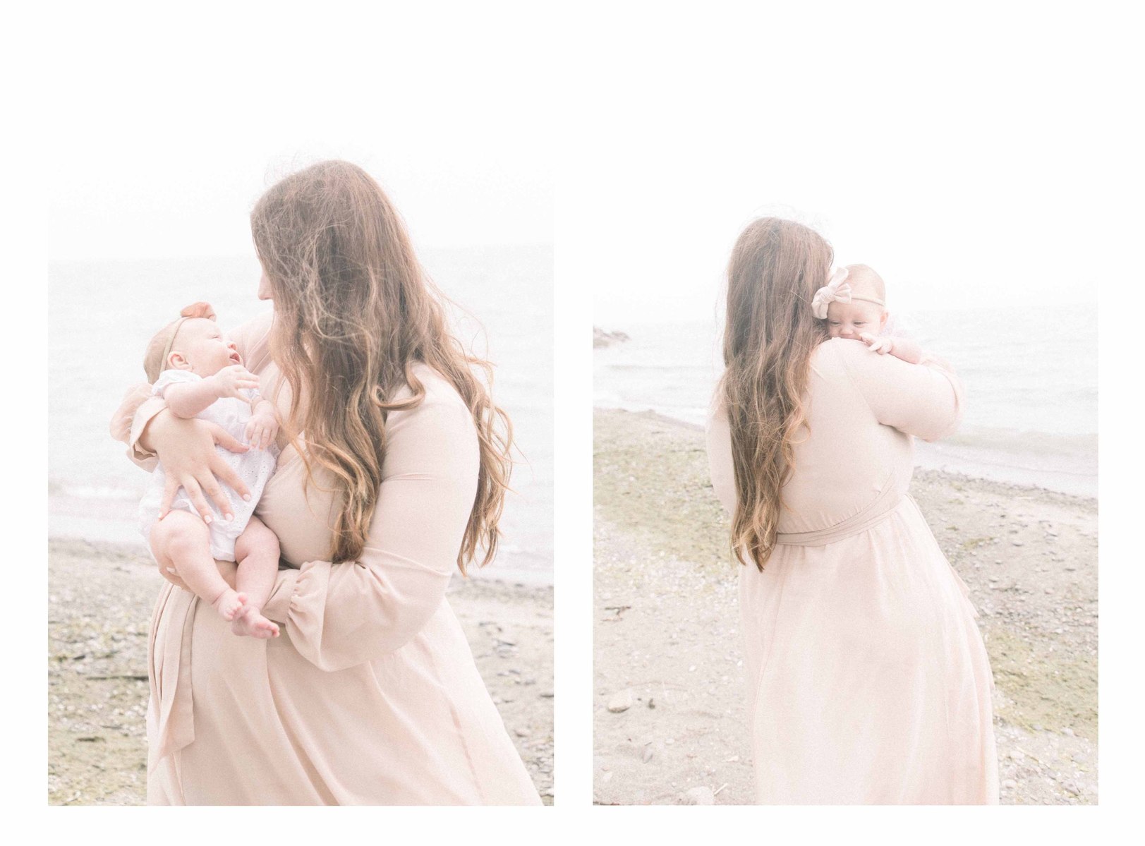 Collage of two portraits of mother holding her baby girl on the beach, Niagara Portrait Photographer, Niagara Family Photographer, Niagara Motherhood Photography, Beach Portrait Photography, Emily VanderBeek Photography.