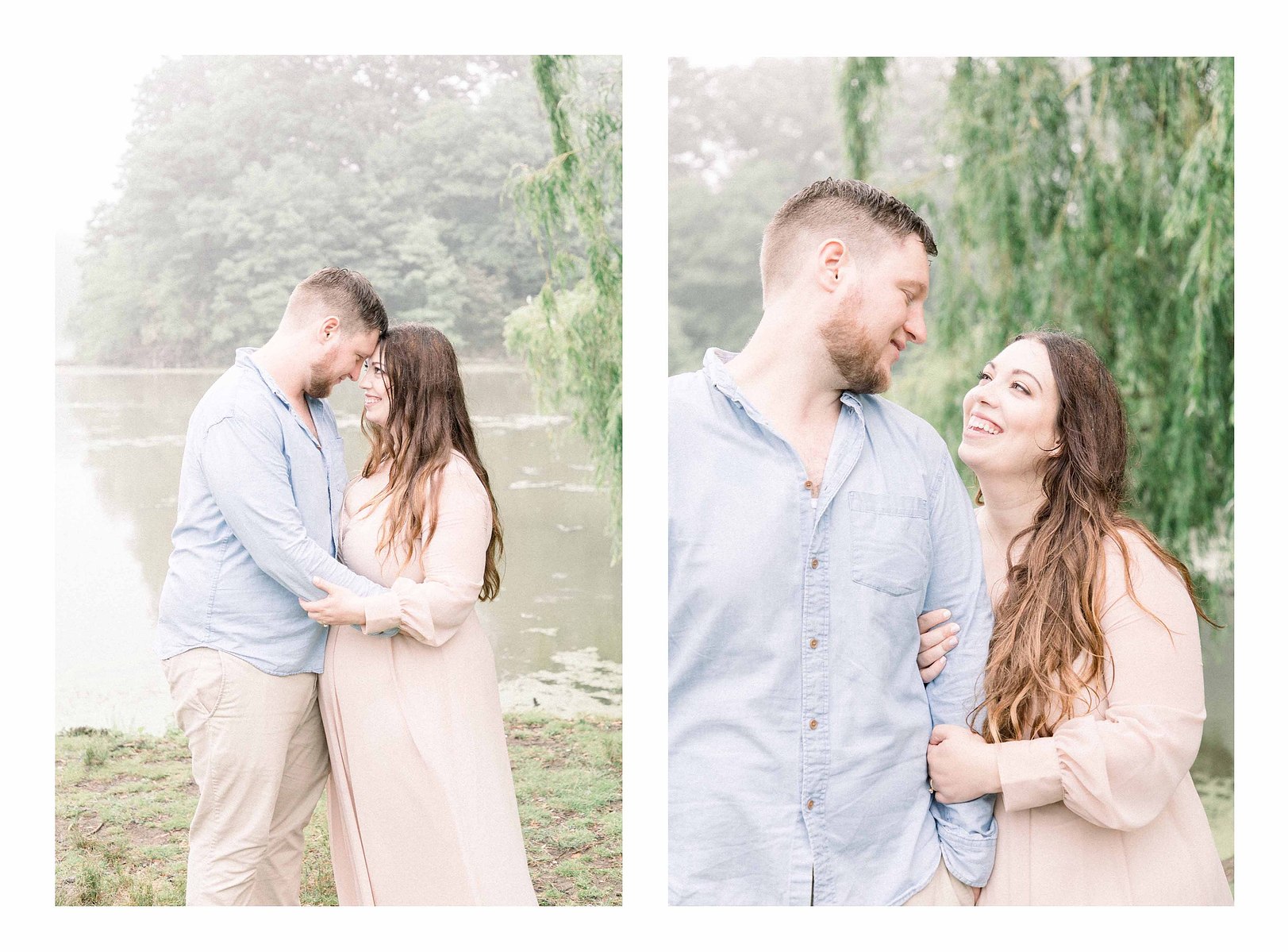 Collage of two portraits of a husband and wife smiling at each other in front of a willow tree, Niagara Portrait Photographer, Niagara Family Photographer, Niagara Motherhood Photography, Beach Portrait Photography, Emily VanderBeek Photography.