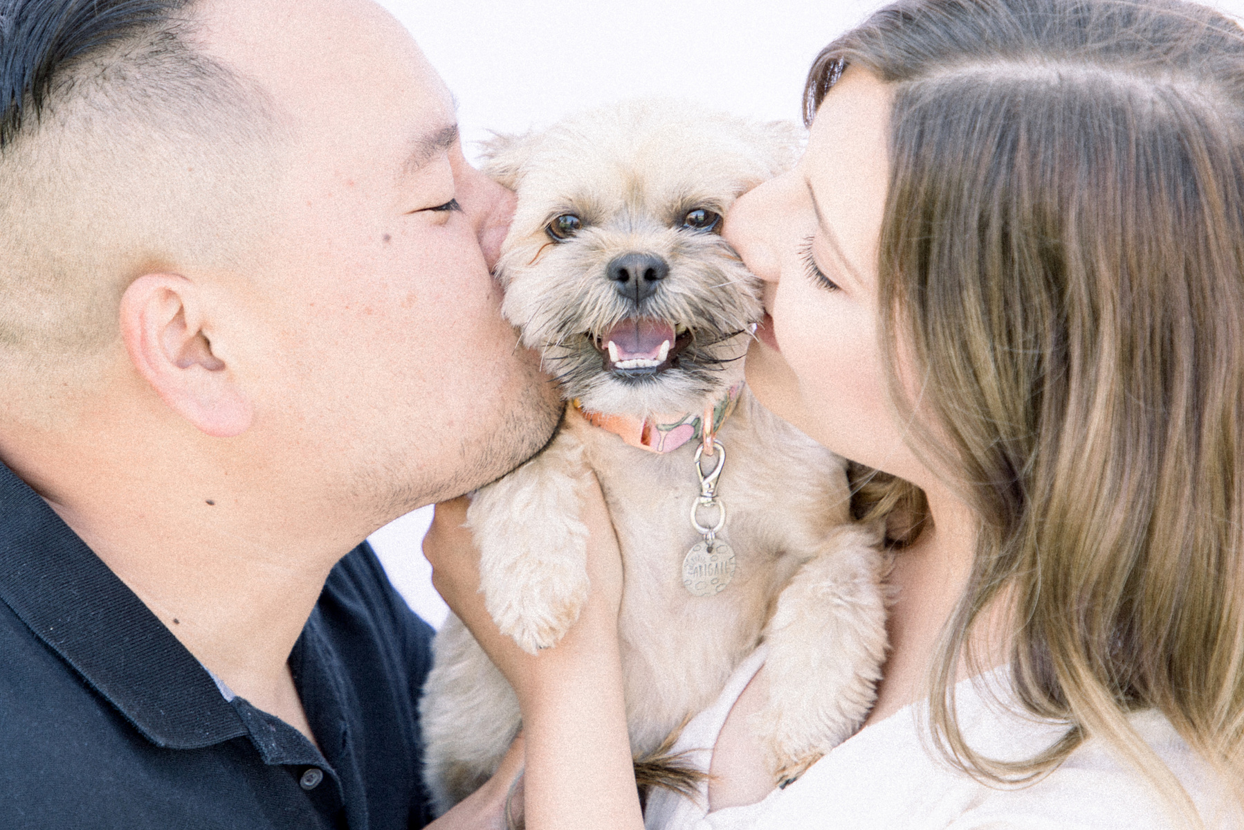 Light and airy photo of a small dog being kissed on each cheek by owners. Emily VanderBeek Photography, Niagara portrait photographer, Niagara family photographer, candid photography, authentic photography, Ottawa portrait photographer, pet photography.