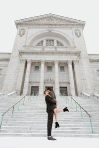 Montreal surprise marriage proposal photographer; Montreal wedding Photographer; Saint Joseph's Oratory surprise proposal; Kay and Gopi's Montreal surprise proposal photographer; Surprise proposal photo in Montreal; Winter surprise proposal