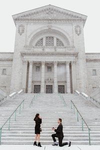 Montreal surprise marriage proposal photographer; Montreal wedding Photographer; Saint Joseph's Oratory surprise proposal; Kay and Gopi's Montreal surprise proposal photographer; Surprise proposal photo in Montreal; Winter surprise proposal