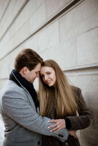 Montreal Engagement Photographer; Ferris Wheel Montreal portrait photo; Lucille and Max's winter engagement shoot; Montreal Pre-Wedding photographer; Old Montreal engagement photo session; Dog child