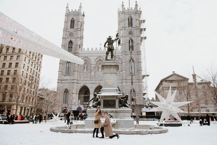Montreal surprise marriage proposal photographer; Notre Dame Basilica surprise proposal; Old Montreal surprise proposal photographer; Rachel and Justin's Montreal surprise proposal photographer; She said yes; Winter surprise proposal Montreal