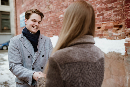 Montreal Engagement Photographer; Ferris Wheel Montreal portrait photo; Lucille and Max's winter engagement shoot; Montreal Pre-Wedding photographer; Old Montreal engagement photo session; Dog child