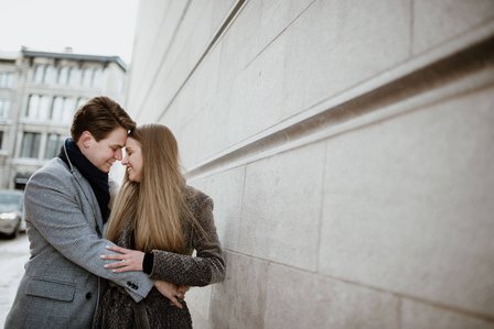 Montreal Engagement Photographer; Ferris Wheel Montreal portrait photo; Lucille and Max's winter engagement shoot; Montreal Pre-Wedding photographer; Old Montreal engagement photo session; Dog child