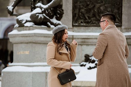 Montreal surprise marriage proposal photographer; Notre Dame Basilica surprise proposal; Old Montreal surprise proposal photographer; Rachel and Justin's Montreal surprise proposal photographer; She said yes; Winter surprise proposal Montreal
