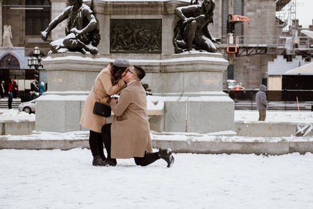 Montreal surprise marriage proposal photographer; Notre Dame Basilica surprise proposal; Old Montreal surprise proposal photographer; Rachel and Justin's Montreal surprise proposal photographer; She said yes; Winter surprise proposal Montreal