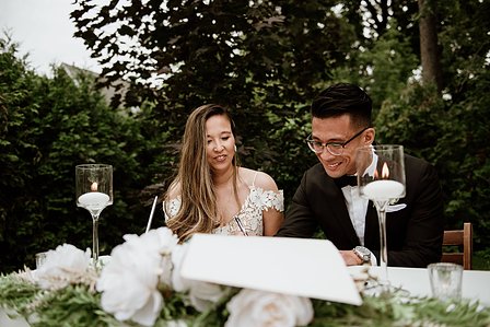 Montreal wedding Photographer; Montreal wedding photo; Carrie Ma officiant; Charlotte Flannery MUA hair stylist; FSEV wedding officiant; Jamie and Newton's wedding; John KOO Photography; Kristina Chan desserts; Longueuil wedding; Oxide design florist