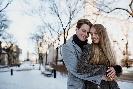 Montreal Engagement Photographer; Ferris Wheel Montreal portrait photo; Lucille and Max's winter engagement shoot; Montreal Pre-Wedding photographer; Old Montreal engagement photo session; Dog child