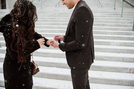 Montreal surprise marriage proposal photographer; Montreal wedding Photographer; Saint Joseph's Oratory surprise proposal; Kay and Gopi's Montreal surprise proposal photographer; Surprise proposal photo in Montreal; Winter surprise proposal