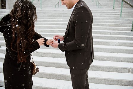Montreal surprise marriage proposal photographer; Montreal wedding Photographer; Saint Joseph's Oratory surprise proposal; Kay and Gopi's Montreal surprise proposal photographer; Surprise proposal photo in Montreal; Winter surprise proposal