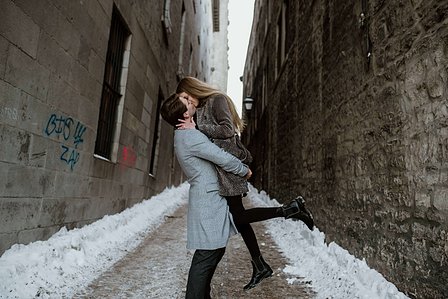 Montreal Engagement Photographer; Ferris Wheel Montreal portrait photo; Lucille and Max's winter engagement shoot; Montreal Pre-Wedding photographer; Old Montreal engagement photo session; Dog child