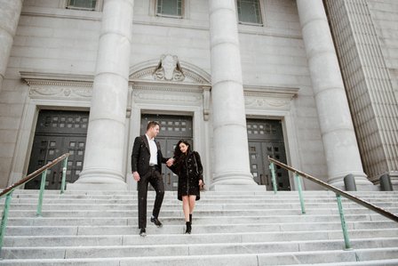 Montreal surprise marriage proposal photographer; Montreal wedding Photographer; Saint Joseph's Oratory surprise proposal; Kay and Gopi's Montreal surprise proposal photographer; Surprise proposal photo in Montreal; Winter surprise proposal