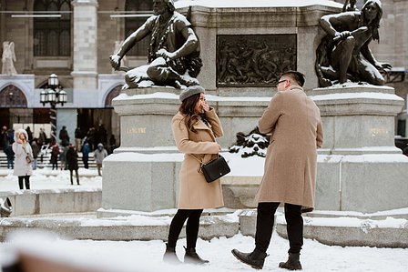 Montreal surprise marriage proposal photographer; Notre Dame Basilica surprise proposal; Old Montreal surprise proposal photographer; Rachel and Justin's Montreal surprise proposal photographer; She said yes; Winter surprise proposal Montreal