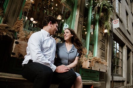 Old Montreal Engagement Photo, Montreal Engagement Photo, Montreal Pre-Wedding photographer, Montreal wedding Photographer, Danielle and Andrew's MTL engagement photographer, Tommy Cafe Montreal, Le Petit Dep Montreal