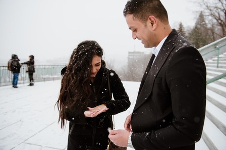 Montreal surprise marriage proposal photographer; Montreal wedding Photographer; Saint Joseph's Oratory surprise proposal; Kay and Gopi's Montreal surprise proposal photographer; Surprise proposal photo in Montreal; Winter surprise proposal