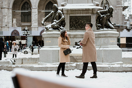 Montreal surprise marriage proposal photographer; Notre Dame Basilica surprise proposal; Old Montreal surprise proposal photographer; Rachel and Justin's Montreal surprise proposal photographer; She said yes; Winter surprise proposal Montreal