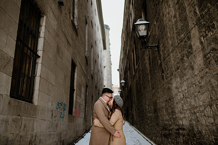 Montreal surprise marriage proposal photographer; Notre Dame Basilica surprise proposal; Old Montreal surprise proposal photographer; Rachel and Justin's Montreal surprise proposal photographer; She said yes; Winter surprise proposal Montreal