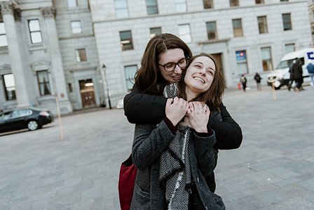 Montreal surprise proposal photographer, LGBTQ+ surprise proposal in Montreal, Old Montreal surprise proposal, destination surprise proposal, World trade centre proposal