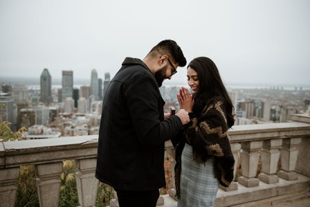 Montreal surprise proposal photographer; Surprise marriage proposal photographer MTL; Chalet du Mont Royal surprise proposal; Harleen and Mehtab's Montreal marriage proposal; John KOO Photography; Kondiaronk Belvedere surprise proposal photographer