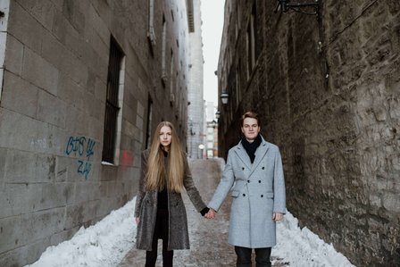 Montreal Engagement Photographer; Ferris Wheel Montreal portrait photo; Lucille and Max's winter engagement shoot; Montreal Pre-Wedding photographer; Old Montreal engagement photo session; Dog child