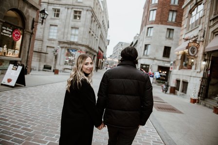 Montreal couple's anniversary portrait photoshoot, High school sweethearts photography, Montreal Portrait photographer, Old Montreal photo session