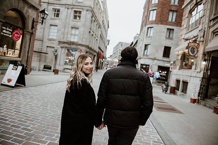 Montreal couple's anniversary portrait photoshoot, High school sweethearts photography, Montreal Portrait photographer, Old Montreal photo session