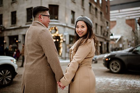 Montreal surprise marriage proposal photographer; Notre Dame Basilica surprise proposal; Old Montreal surprise proposal photographer; Rachel and Justin's Montreal surprise proposal photographer; She said yes; Winter surprise proposal Montreal