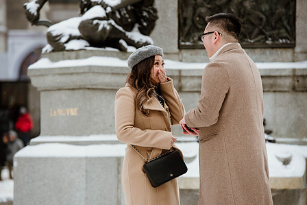 Montreal surprise marriage proposal photographer; Notre Dame Basilica surprise proposal; Old Montreal surprise proposal photographer; Rachel and Justin's Montreal surprise proposal photographer; She said yes; Winter surprise proposal Montreal