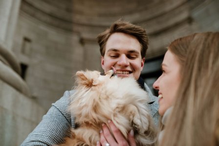 Montreal Engagement Photographer; Ferris Wheel Montreal portrait photo; Lucille and Max's winter engagement shoot; Montreal Pre-Wedding photographer; Old Montreal engagement photo session; Dog child