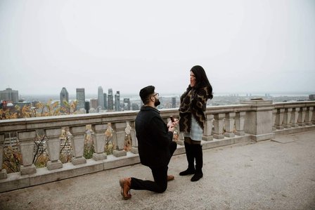 Montreal surprise proposal photographer; Surprise marriage proposal photographer MTL; Chalet du Mont Royal surprise proposal; Harleen and Mehtab's Montreal marriage proposal; John KOO Photography; Kondiaronk Belvedere surprise proposal photographer
