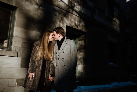 Montreal Engagement Photographer; Ferris Wheel Montreal portrait photo; Lucille and Max's winter engagement shoot; Montreal Pre-Wedding photographer; Old Montreal engagement photo session; Dog child