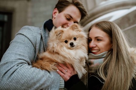 Montreal Engagement Photographer; Ferris Wheel Montreal portrait photo; Lucille and Max's winter engagement shoot; Montreal Pre-Wedding photographer; Old Montreal engagement photo session; Dog child