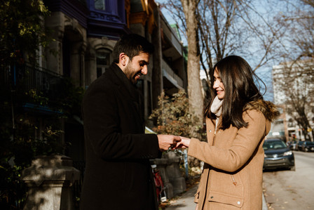 Carré Saint-Louis marriage proposal photo; Komal and Vishal's surprise proposal; Montreal surprise photographer; Plateau Mont-Royal surprise proposal; Square Saint-Louis surprise proposal photo