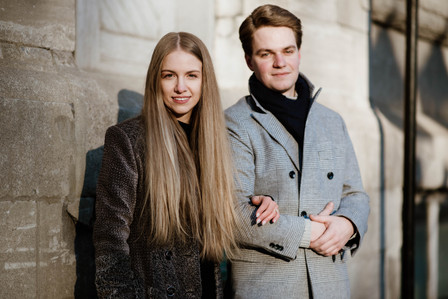 Montreal Engagement Photographer; Ferris Wheel Montreal portrait photo; Lucille and Max's winter engagement shoot; Montreal Pre-Wedding photographer; Old Montreal engagement photo session; Dog child