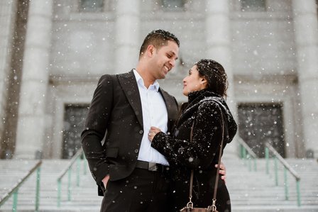 Montreal surprise marriage proposal photographer; Montreal wedding Photographer; Saint Joseph's Oratory surprise proposal; Kay and Gopi's Montreal surprise proposal photographer; Surprise proposal photo in Montreal; Winter surprise proposal
