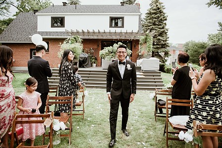 Montreal wedding Photographer; Montreal wedding photo; Carrie Ma officiant; Charlotte Flannery MUA hair stylist; FSEV wedding officiant; Jamie and Newton's wedding; John KOO Photography; Kristina Chan desserts; Longueuil wedding; Oxide design florist