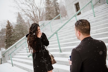 Montreal surprise marriage proposal photographer; Montreal wedding Photographer; Saint Joseph's Oratory surprise proposal; Kay and Gopi's Montreal surprise proposal photographer; Surprise proposal photo in Montreal; Winter surprise proposal