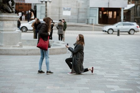 Montreal surprise proposal photographer, LGBTQ+ surprise proposal in Montreal, Old Montreal surprise proposal, destination surprise proposal, World trade centre proposal