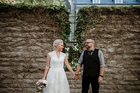 Chateau Ramezay wedding venue photo Montreal, Courtyard wedding. Montreal wedding photographer, Melanie and Robert's Montreal elopement photographer. Melanie and Robert's Montreal wedding, Montreal Wedding Photography.