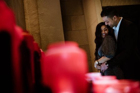 Montreal surprise marriage proposal photographer; Montreal wedding Photographer; Saint Joseph's Oratory surprise proposal; Kay and Gopi's Montreal surprise proposal photographer; Surprise proposal photo in Montreal; Winter surprise proposal