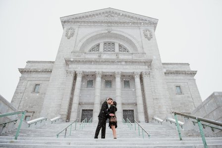Montreal surprise marriage proposal photographer; Montreal wedding Photographer; Saint Joseph's Oratory surprise proposal; Kay and Gopi's Montreal surprise proposal photographer; Surprise proposal photo in Montreal; Winter surprise proposal