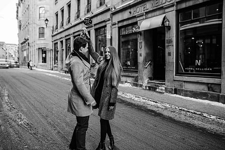Montreal Engagement Photographer; Ferris Wheel Montreal portrait photo; Lucille and Max&amp;amp;#x27;s winter engagement shoot; Montreal Pre-Wedding photographer; Old Montreal engagement photo session; Dog child