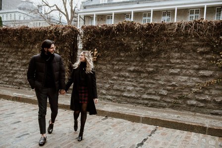 Montreal couple's anniversary portrait photoshoot, High school sweethearts photography, Montreal Portrait photographer, Old Montreal photo session