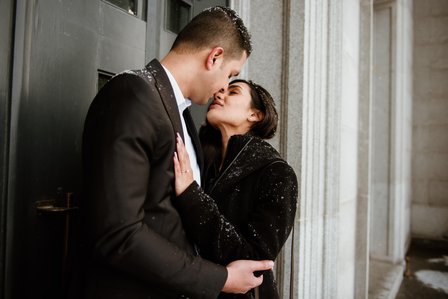 Montreal surprise marriage proposal photographer; Montreal wedding Photographer; Saint Joseph's Oratory surprise proposal; Kay and Gopi's Montreal surprise proposal photographer; Surprise proposal photo in Montreal; Winter surprise proposal