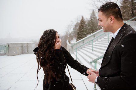 Montreal surprise marriage proposal photographer; Montreal wedding Photographer; Saint Joseph's Oratory surprise proposal; Kay and Gopi's Montreal surprise proposal photographer; Surprise proposal photo in Montreal; Winter surprise proposal