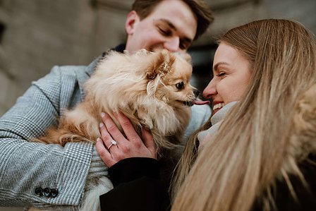 Montreal Engagement Photographer; Ferris Wheel Montreal portrait photo; Lucille and Max's winter engagement shoot; Montreal Pre-Wedding photographer; Old Montreal engagement photo session; Dog child
